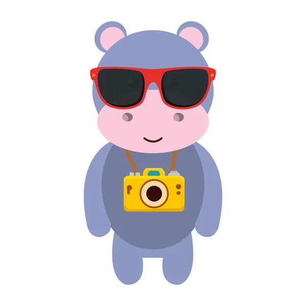 Hippopotame mignon avec lunettes de soleil d'été et appareil photo — Image vectorielle