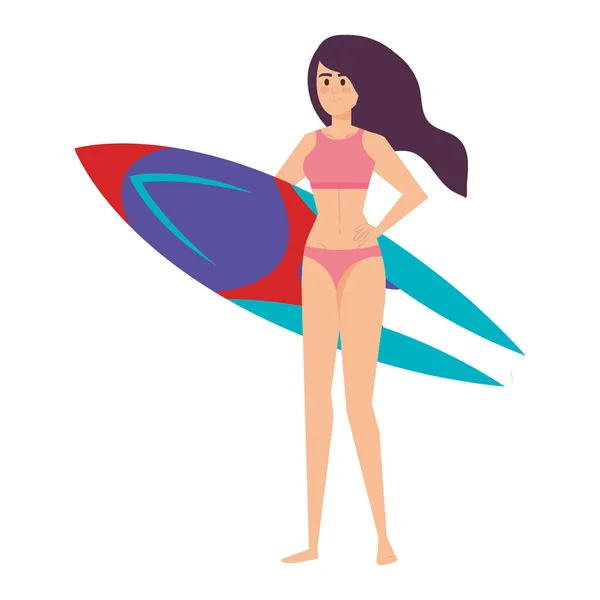 Красивая девушка с купальником и доской для серфинга — стоковый вектор