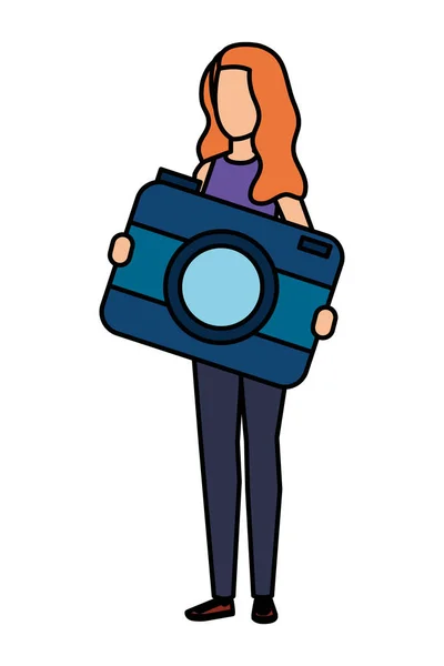 Jovem mulher levantando câmera personagem fotográfico — Vetor de Stock