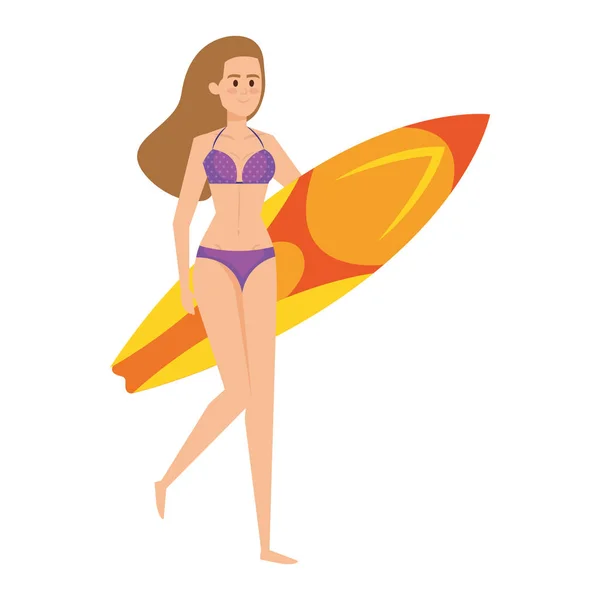 Hermosa chica con swimsut y tabla de surf — Vector de stock