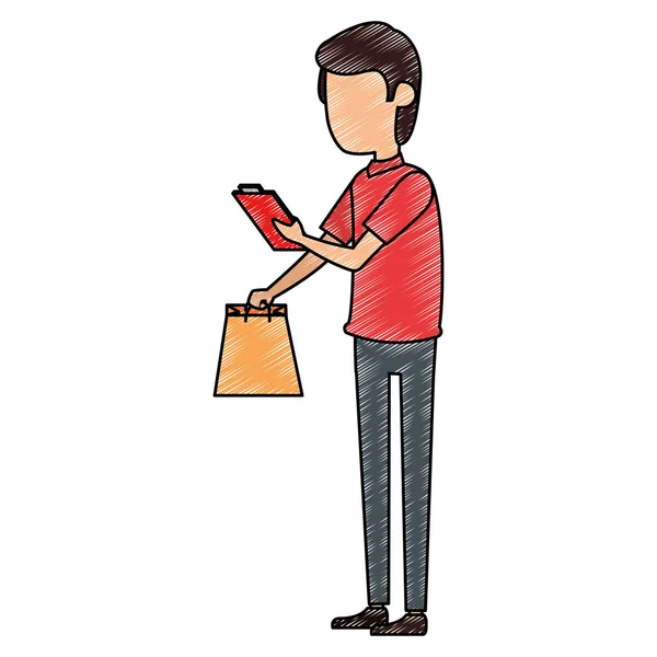 Repartidor con bolsa de compras y lista de verificación — Archivo Imágenes Vectoriales