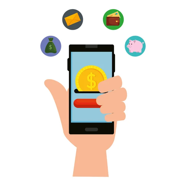 Hand med hjälp av smartphone med mynt pengar och e-handel ikoner — Stock vektor