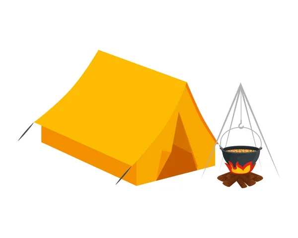 Tent camping with wood fire icons — Stock Vector