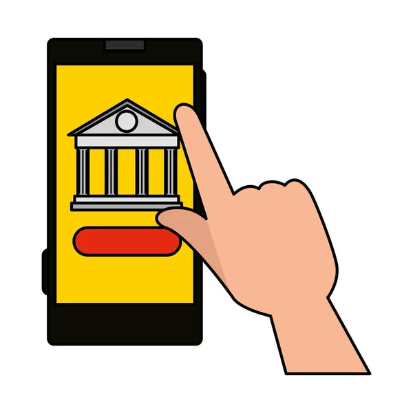 Mano utilizzando smartphone con app di costruzione bancaria — Vettoriale Stock