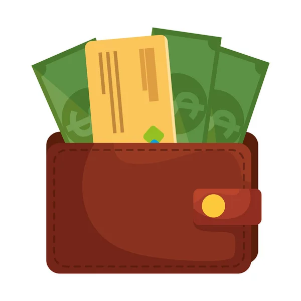 Dinheiro da carteira com cartão de crédito e notas de dólares —  Vetores de Stock