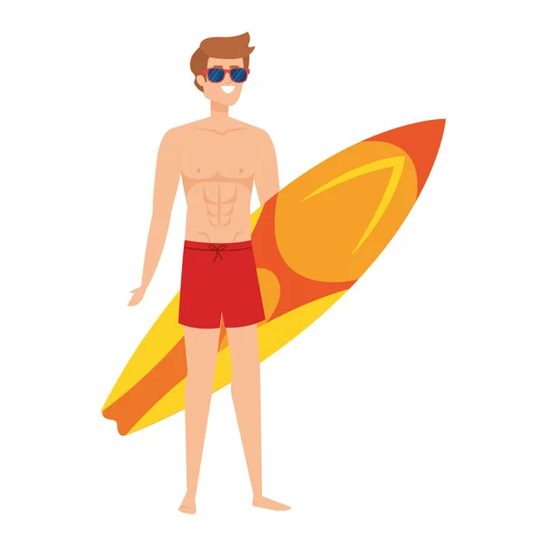 Joven con traje de baño y tabla de surf — Vector de stock