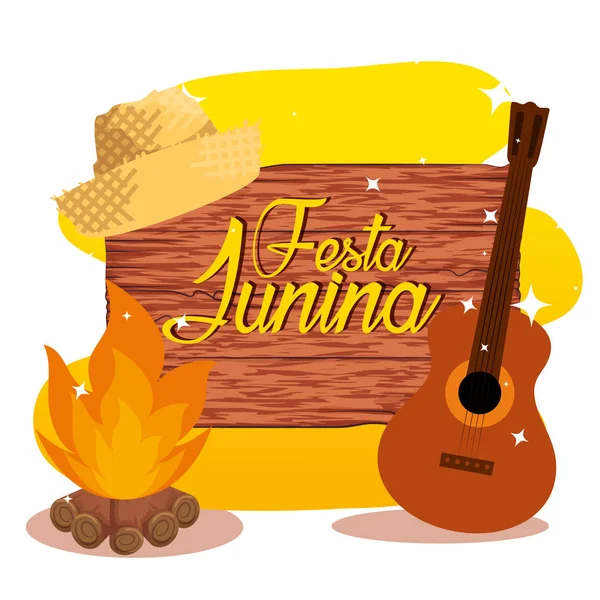 Emblema de madera con sombrero y fuego de madera — Vector de stock