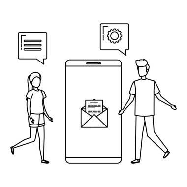 Akıllı telefonu ve konuşma baloncukları olan genç bir çift.