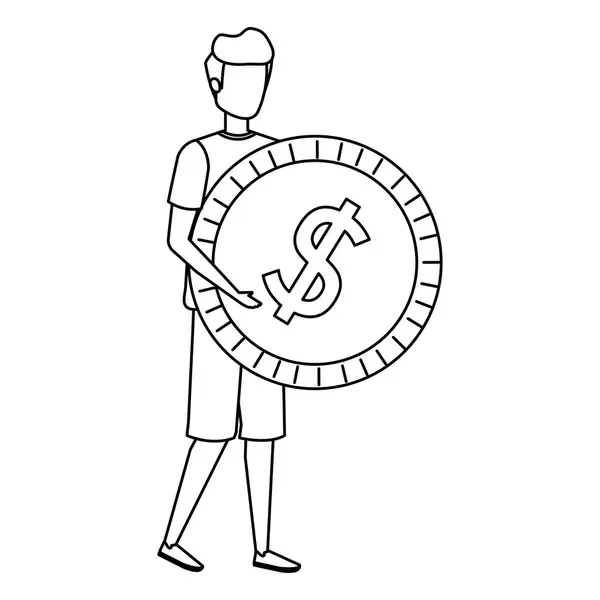 Молодой человек поднимает монетный доллар — стоковый вектор