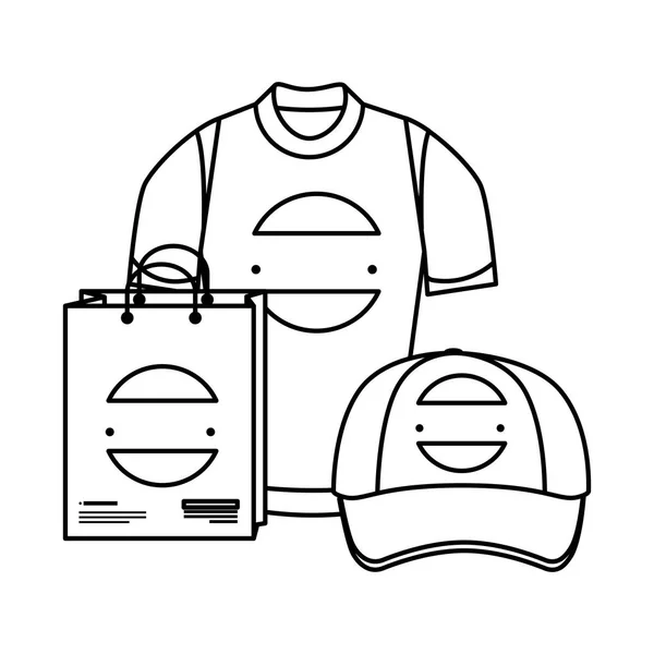 Торгова сумка і шапка, футболка з емблемою компанії — стоковий вектор