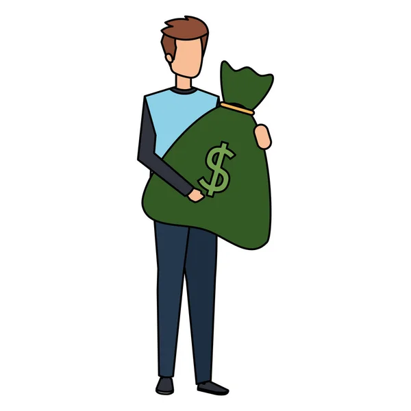 Молодой человек поднимает сумку с деньгами — стоковый вектор