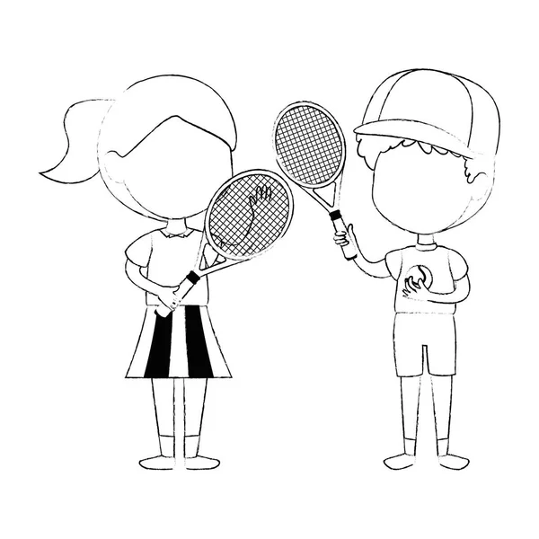 Niños pequeños pareja jugando tenis personajes — Archivo Imágenes Vectoriales