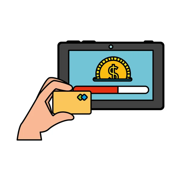 Hand using credit card and tablet with coin money — Stock Vector