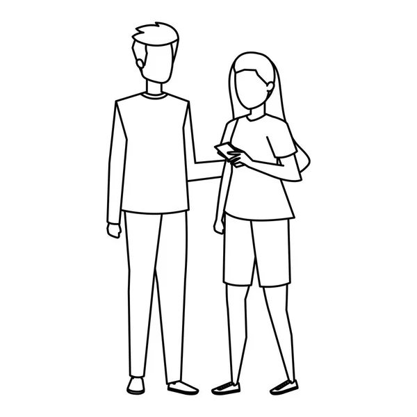 Jeune couple utilisant des caractères smartphone — Image vectorielle