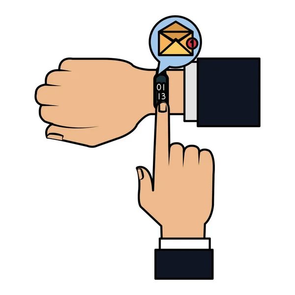 Manos con smartwatch enviar correo electrónico — Vector de stock