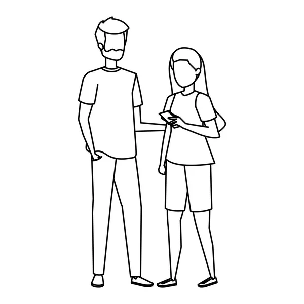 Молодая пара, использующая персонажей смартфона — стоковый вектор
