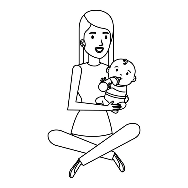 小さな赤ちゃんのキャラクターを持ち上げる母 — ストックベクタ