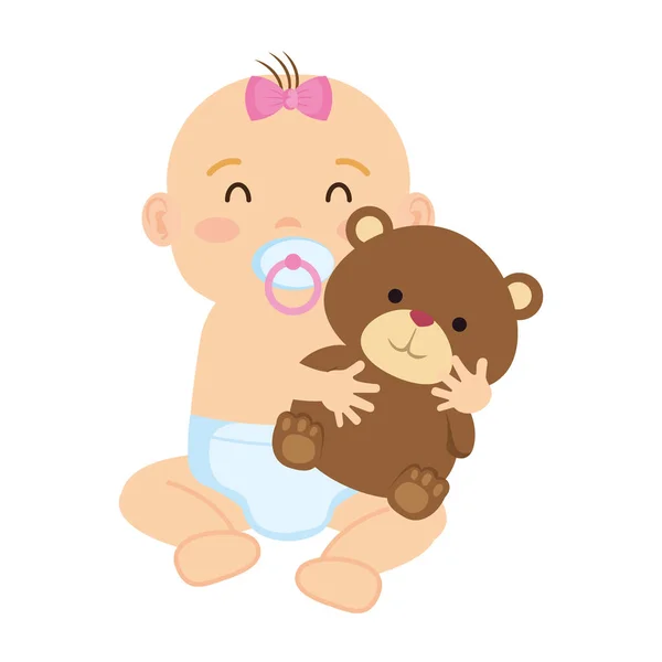 Cute little baby girl with bear teddy character — Stock Vector