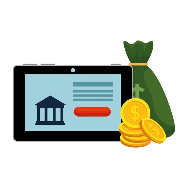 Tablet con edificio bancario e icone monetarie — Vettoriale Stock