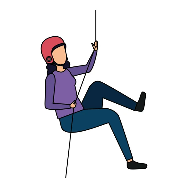 Mujer escalando con carácter de cuerda — Vector de stock