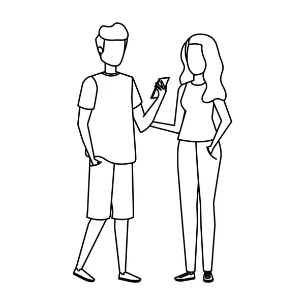 Mladý pár pomocí smartphone znaky — Stockový vektor