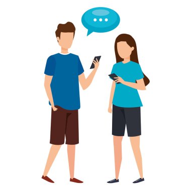 Genç çift konuşma baloncuğu ile akıllı telefon kullanıyor
