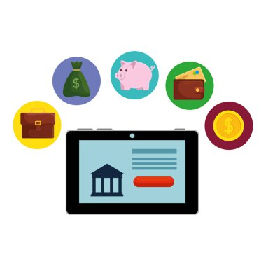 banka bina ve para simgeleri ile tablet