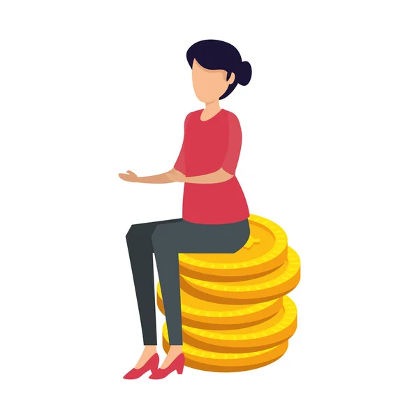 Νεαρή γυναίκα κάθεται σε κέρματα μετρητά δολάρια χρήματα — Διανυσματικό Αρχείο