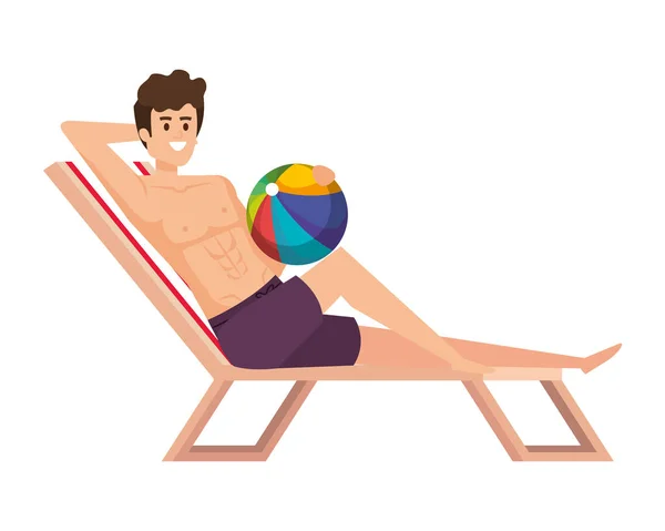 Joven hombre relajante en silla de playa con globo juguete — Vector de stock