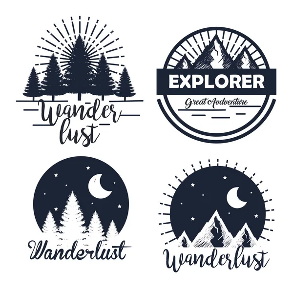 Set of labels with pines trees and snowy mountains with moon — Stock Vector