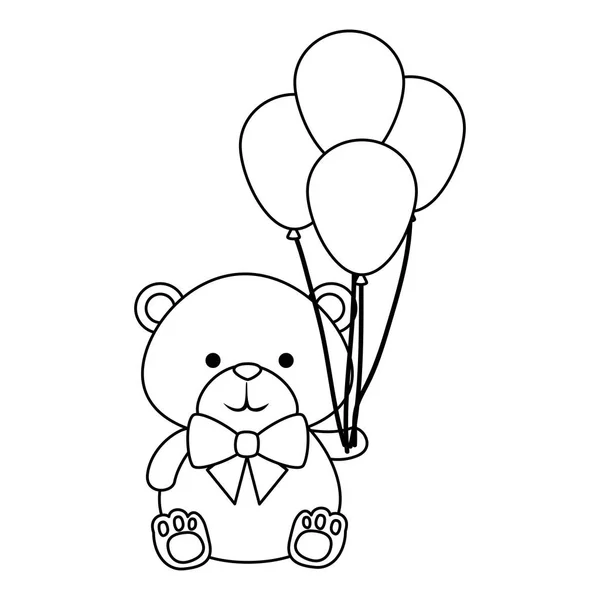 Cute little bear teddy with balloons helium and bowtie — Stock Vector