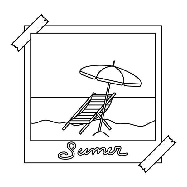 Photo snapshot with summer beach and umbrella chair — Stock Vector