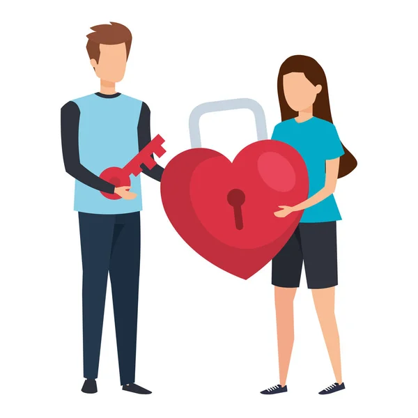 Junges Paar hebt Vorhängeschloss mit Herzform — Stockvektor