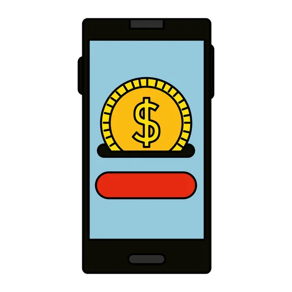 Smartphone med mynt pengar dollar — Stock vektor