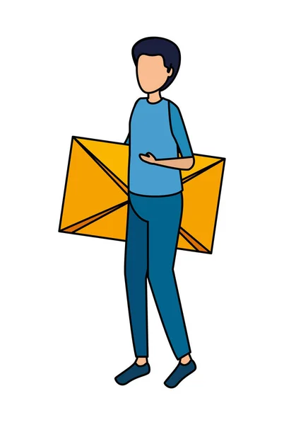 Jovem homem levantando envelope correio — Vetor de Stock