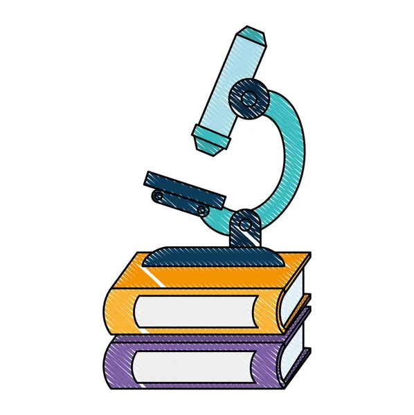 Högen textböcker med Mikroskop — Stock vektor