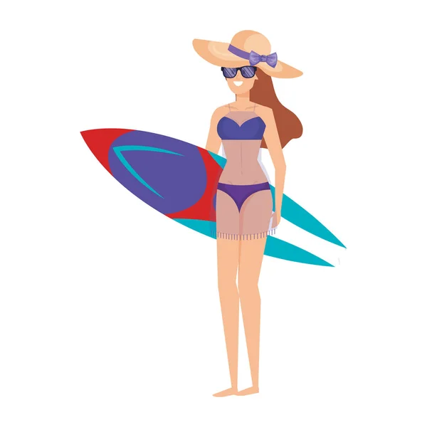 Hermosa chica con swimsut y tabla de surf — Vector de stock