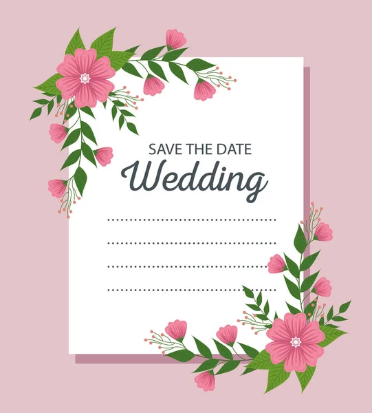 Bellissimo biglietto da sposa con fiori e foglie — Vettoriale Stock
