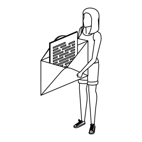 Young woman lifting envelope mail send — 스톡 벡터