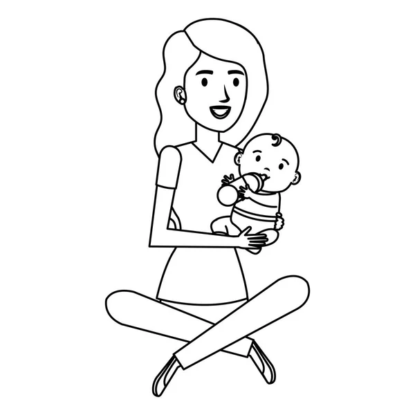 Mãe levantando pequeno bebê personagem — Vetor de Stock