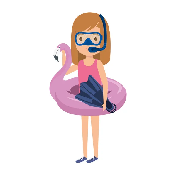 Niña con flotador flamenco y snorkel — Vector de stock