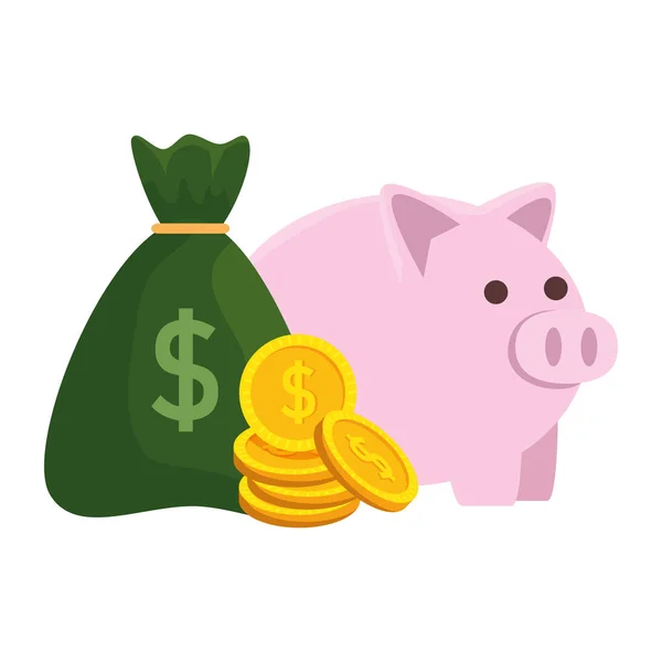 Piggy besparingar med mynt pengar väska — Stock vektor