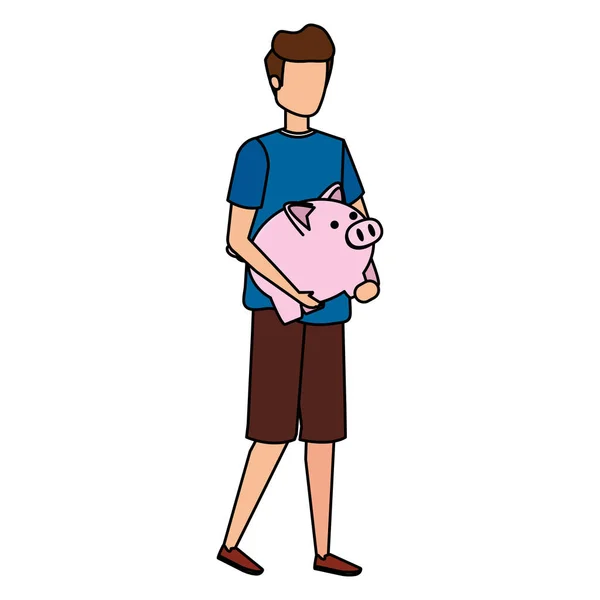 Young man lifting piggy savings character — 스톡 벡터