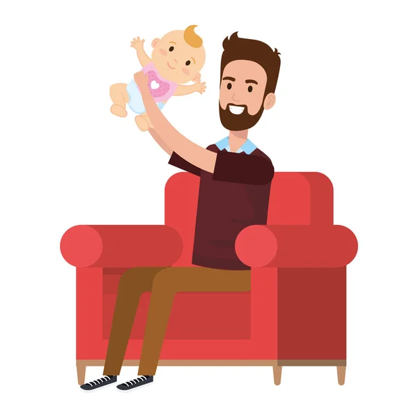 Padre levantando bebé en los personajes del sofá — Vector de stock