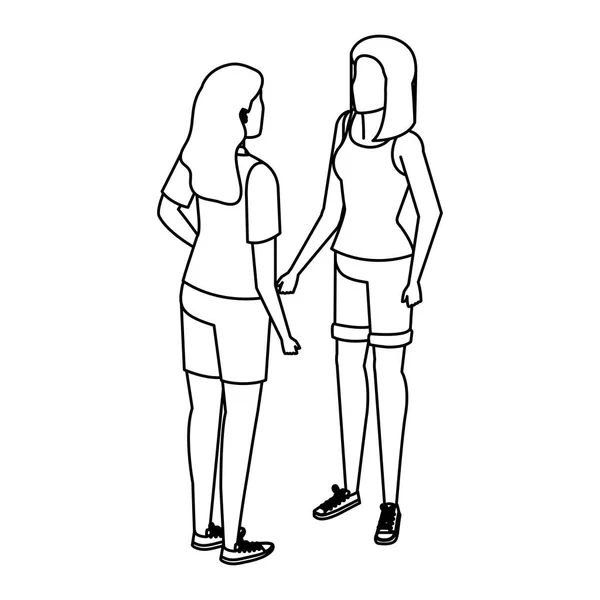Giovani donne coppia parlando avatar personaggi — Vettoriale Stock