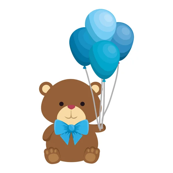 Χαριτωμένο μικρό αρκουδάκι αρκούδα με μπαλόνια ήλιο και παπιγιόν — Διανυσματικό Αρχείο