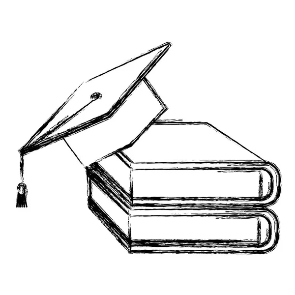 Pila de libros de la escuela con sombrero de graduación — Vector de stock