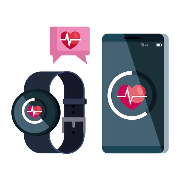 Smartphone e smartwatch con cardiofrequenzimetro — Vettoriale Stock