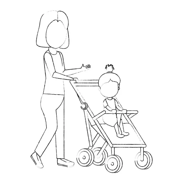 Μητέρα με μικρό κορίτσι μωρό στο καλάθι — Διανυσματικό Αρχείο