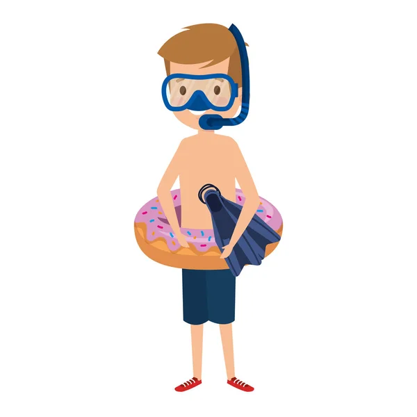 Menino bonito com flutuador de donut e snorkel —  Vetores de Stock